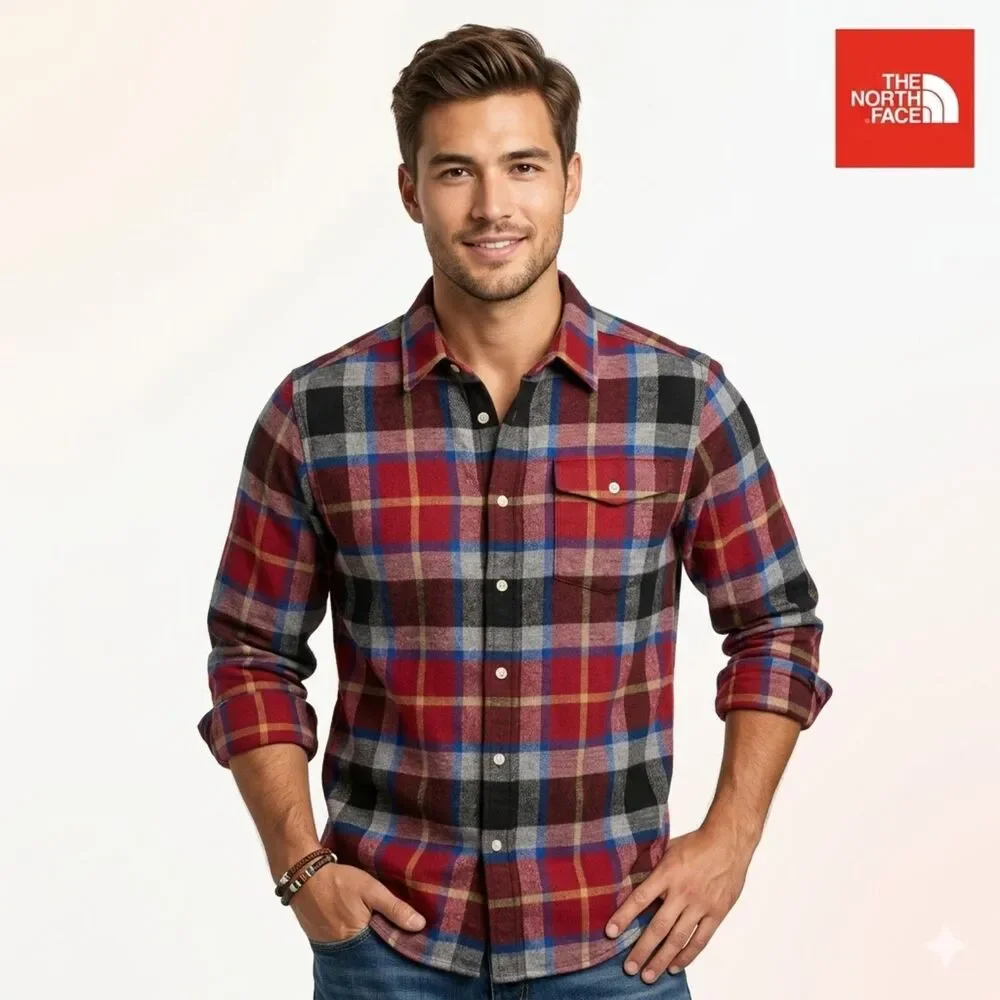 The North Face Arroyo Red Black Blue Plaid Heavyweight Flannel Shirt SZ XL